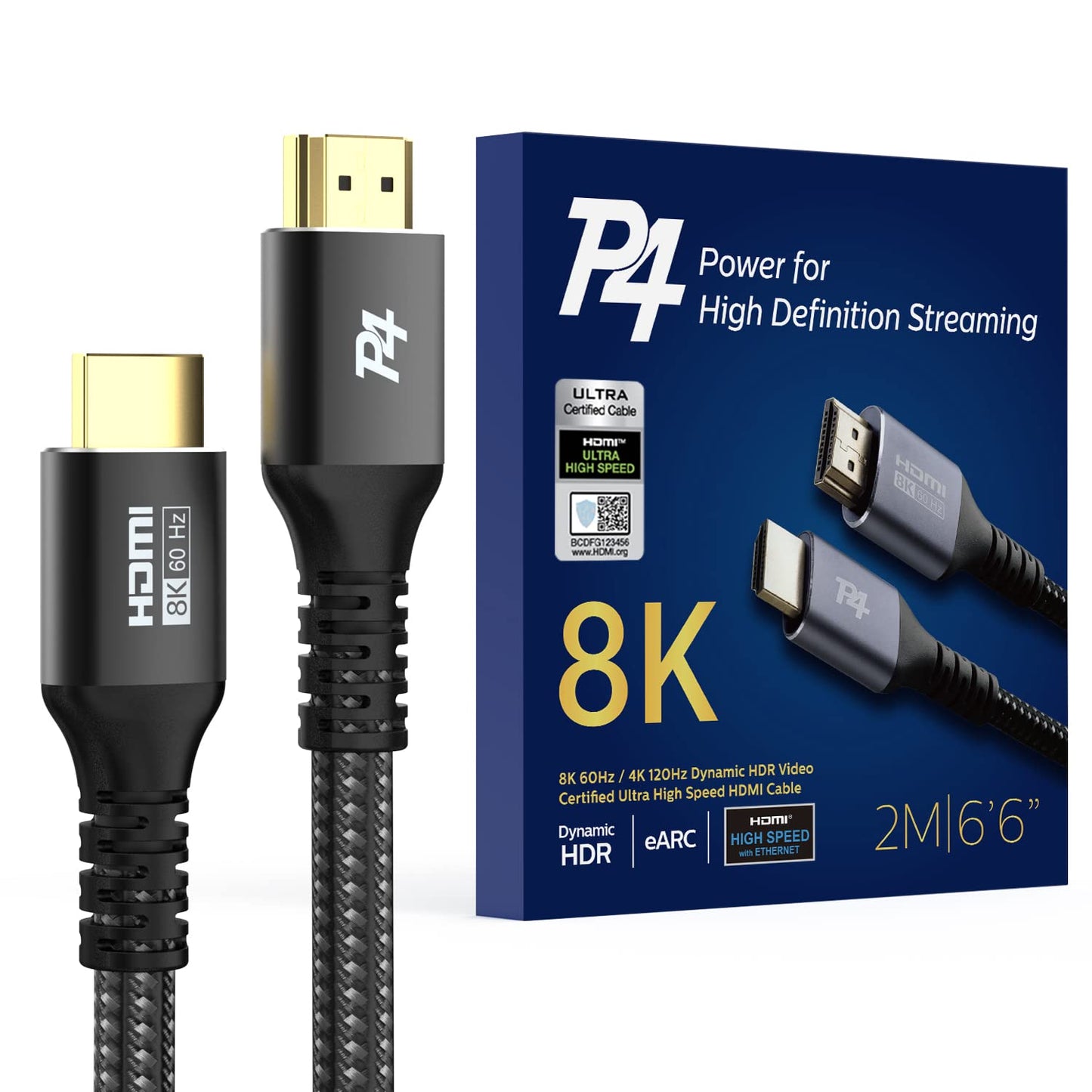 P4 Premium 8K HDMI 2.1 Cable - 6.6ft Braided Cord, Certified High Speed, 8K@60Hz, 4K@120Hz - eARC, HDCP 2.2&2.3, HDR10+, Atmos - Compatible with Apple