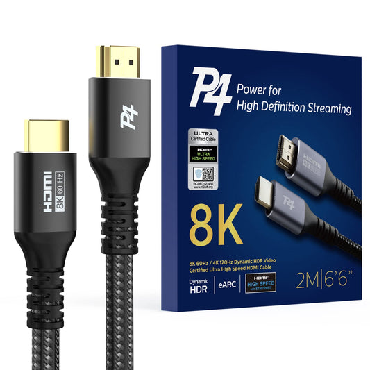 P4 Premium 8K HDMI 2.1 Cable - 6.6ft Braided Cord, Certified High Speed, 8K@60Hz, 4K@120Hz - eARC, HDCP 2.2&2.3, HDR10+, Atmos - Compatible with Apple
