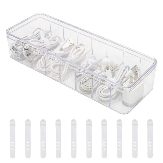 Cable Organizer Storage Box Plastic Cable Cord Management Box Power Cord Organizer Case with 10Pcs Rubber Ties for Office, Home, Desk Accessories