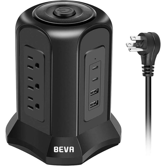 Power Strip Tower Surge Protector BEVA 10ft Flat Plug Desktop Charging Station 9 AC Outlets 4 USB Ports, 900 Joules, Long Extension Cord for Home
