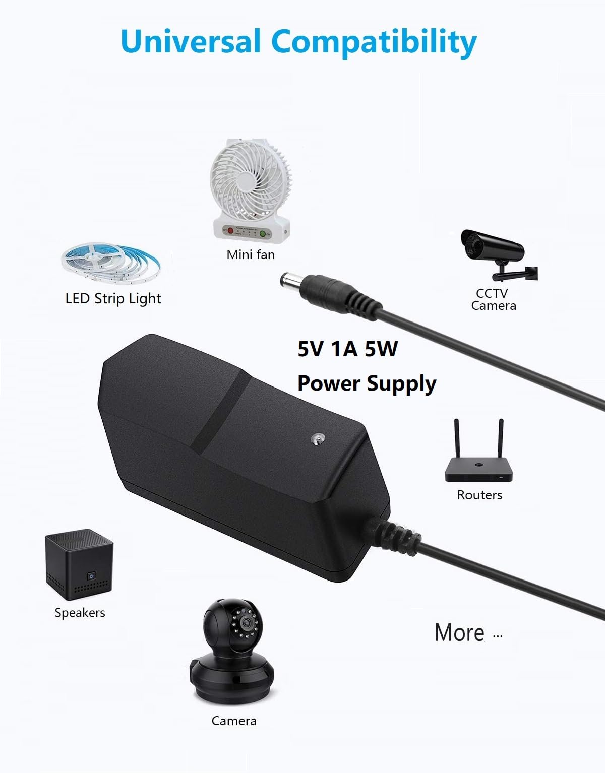 5V 1A Power Supply Adapter, AC to DC 5V Power Adapter, 100-240V 50-60Hz AC Input to DC 5Volt 1Amp Universal Transformer, 5.5mm x 2.5mm US Plug
