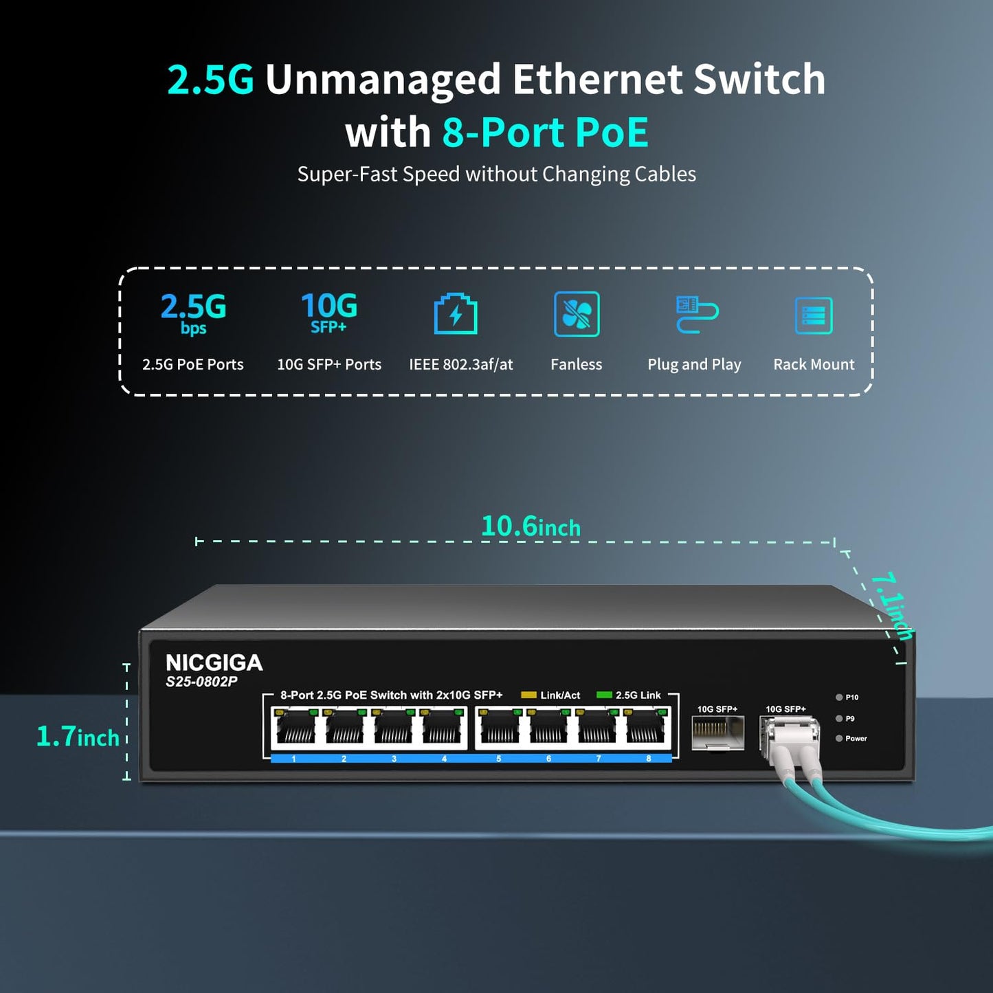 10 Port 2.5Gb PoE Switch Unmanaged with 8 Port 2.5G Base-T PoE+@130W + 2 x 10G SFP+ Uplink, NICGIGA 8 Port 2.5Gbe IEEE802.3af/at Power Over Ethernet