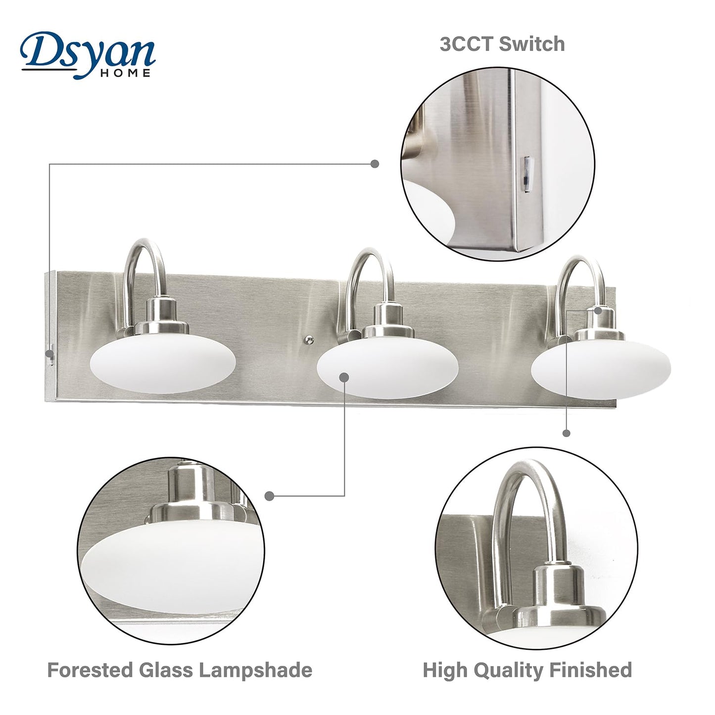 Dsyan HOME Dimmable LED Bathroom Vanity Light Fixture, 3-Light Brushed Nickel Wall Sconce Lighting Over Mirror,Modern Vanity Light for Cabinet