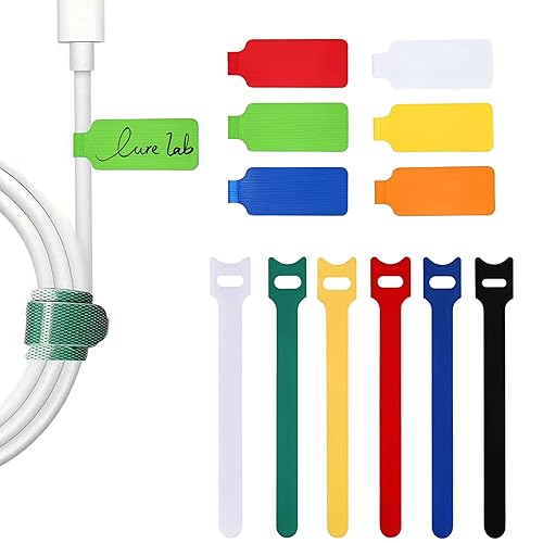 TOPNI 100 Pcs Multicolor Write On Cable Labels & Reusable Fastening Cable Ties Set for Cable Management in Home Office