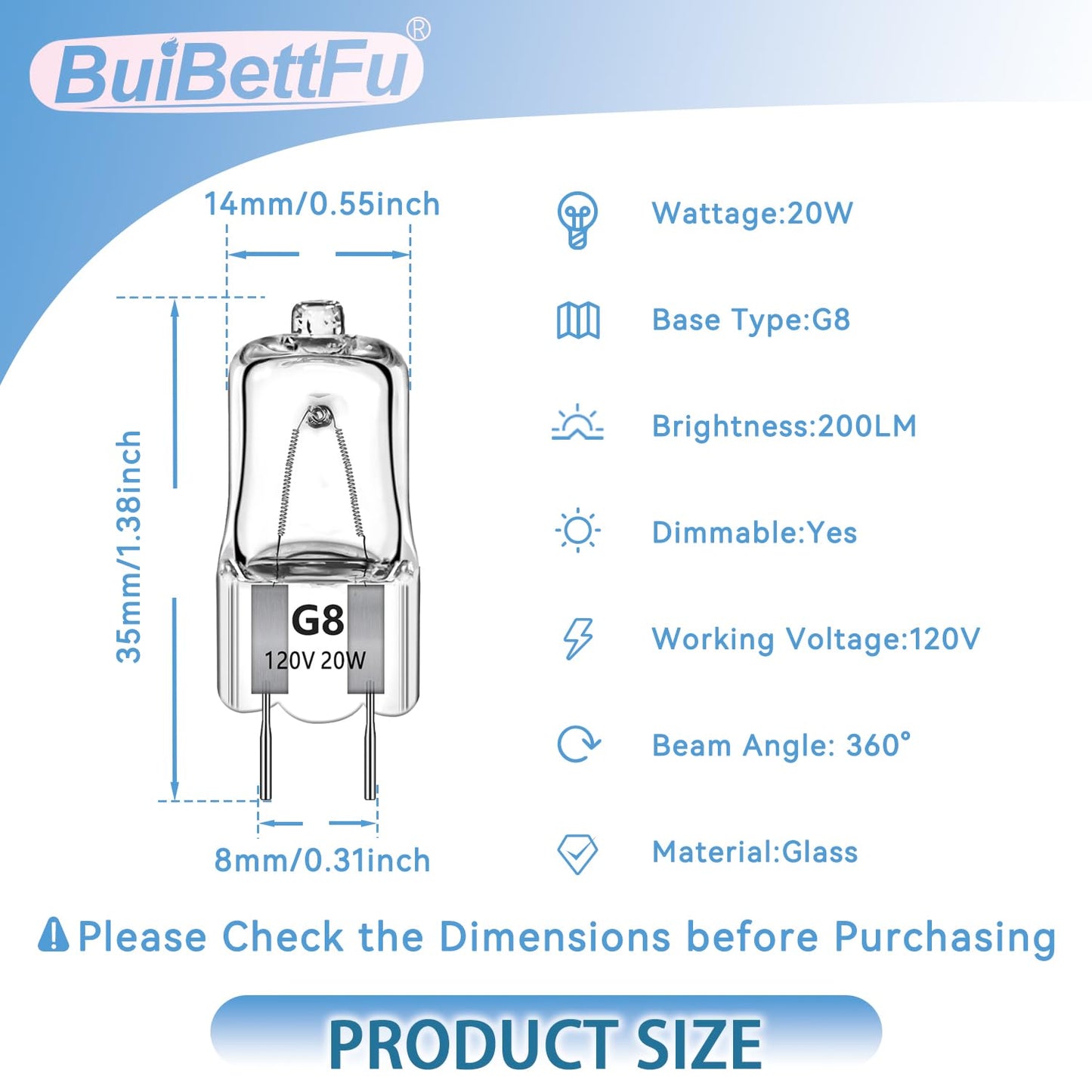 BuiBettFu G8 Halogen Light Bulbs 20W Dimmable 120V Under Cabinet Lighting for Microwave Oven Replacements,for Candle Warmer Light Bulbs, Wax melt