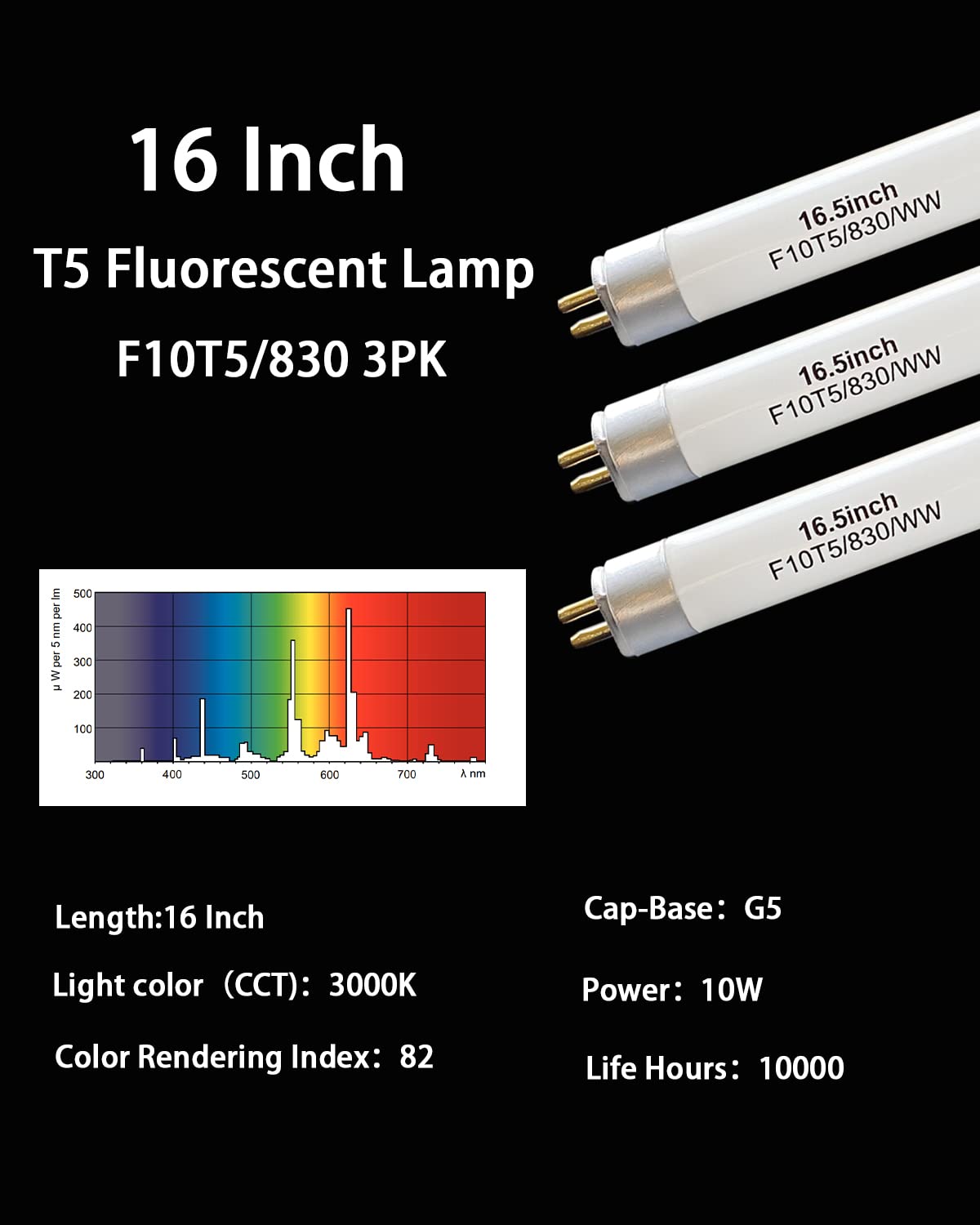 16" F10T5/830/L Fluorescent Light Bulb,T5 10W Warm White Bulbs,G5 Base-3PCS