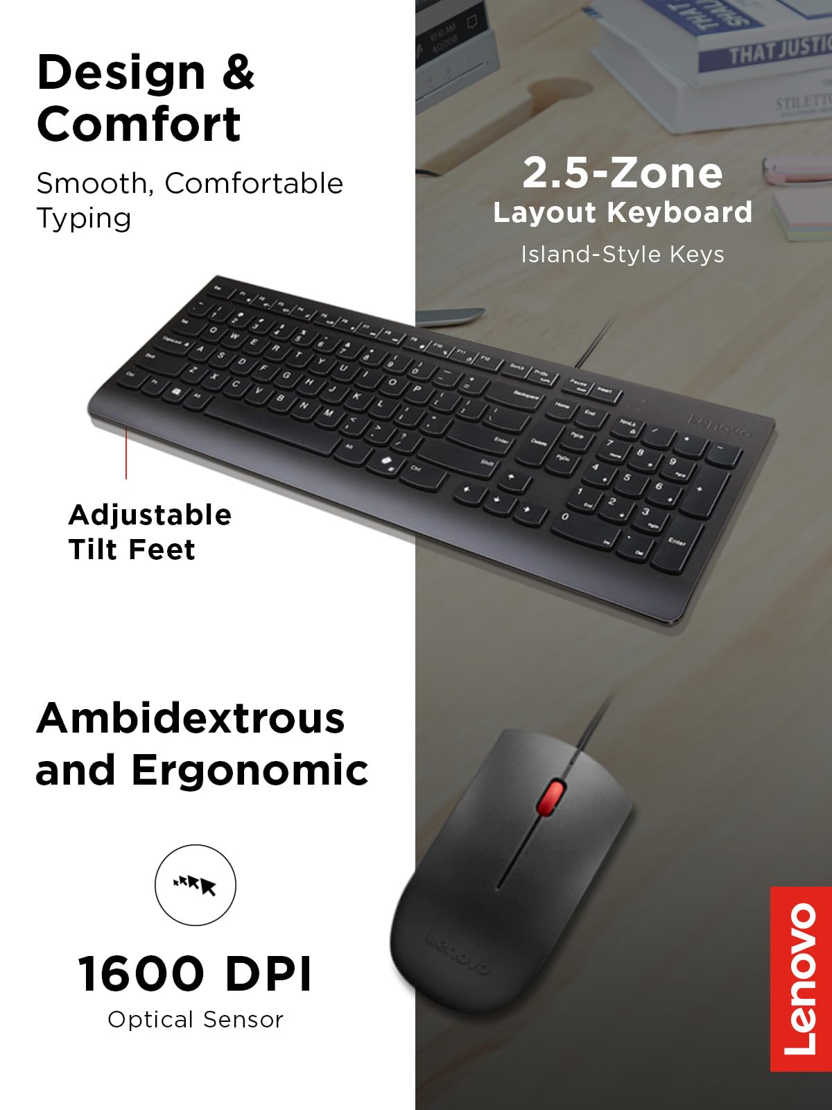Lenovo Essential Wired Keyboard & Mouse Combo - US English, Adjustable Feet, Spill Resistant Keys, Full Size Ambidextrous Optical Mouse, 1600 DPI