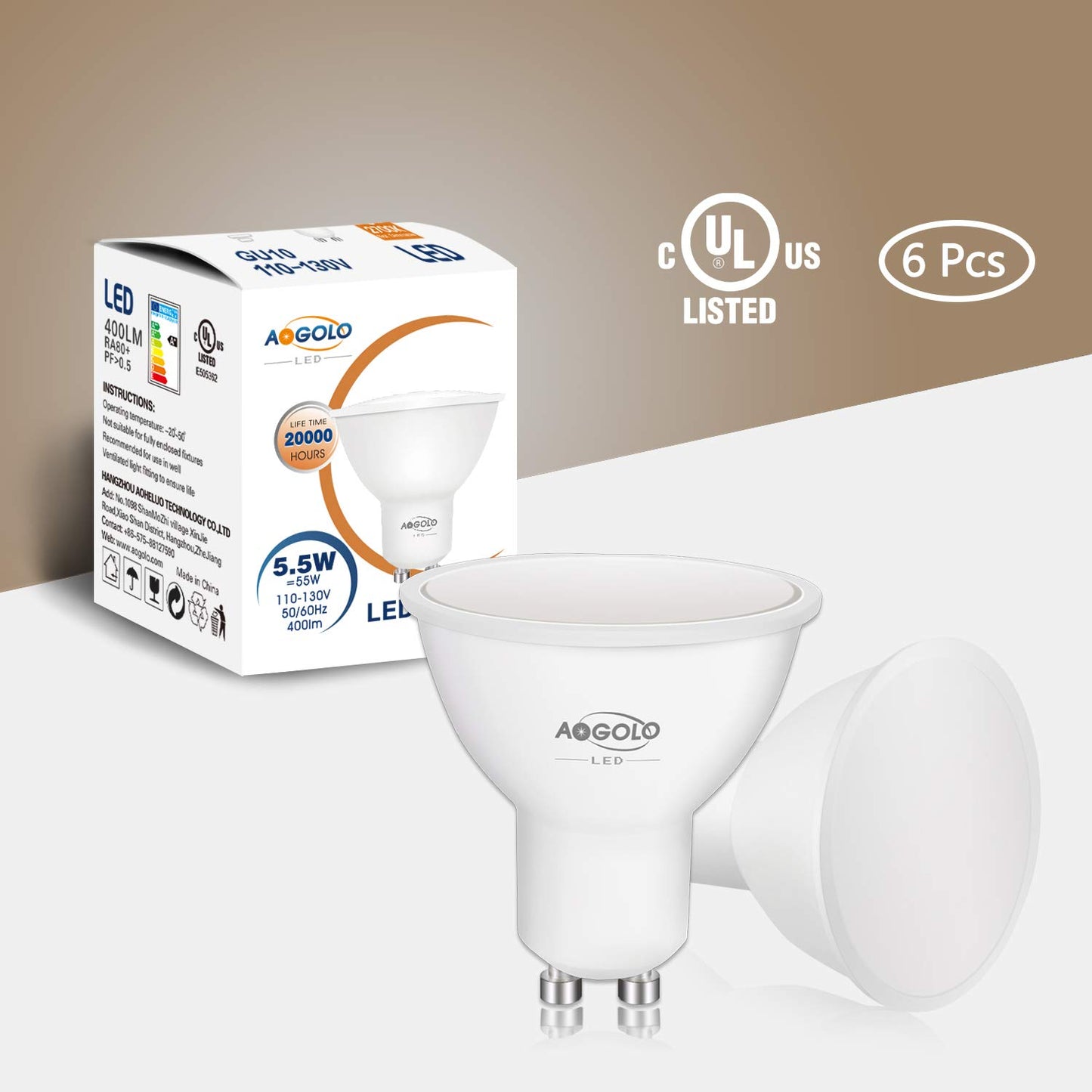 AOGOLO GU10 AC120V LED Light Bulbs, 6 Pcs Daylight White 4200K 50W Equivalent, 500 Lumens, 5.5W LED Spotlight,Non Dimmable, Replacement for Recessed