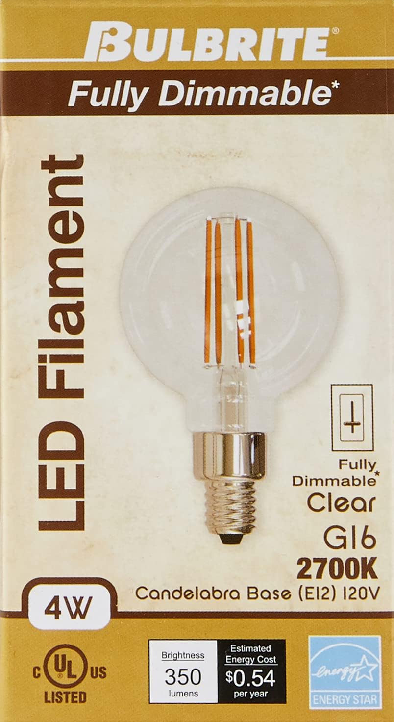 Bulbrite 776873 4 Watt LED G16 Clear Decorative Globe Candelabra (E12) Base, 2700K Light Bulb