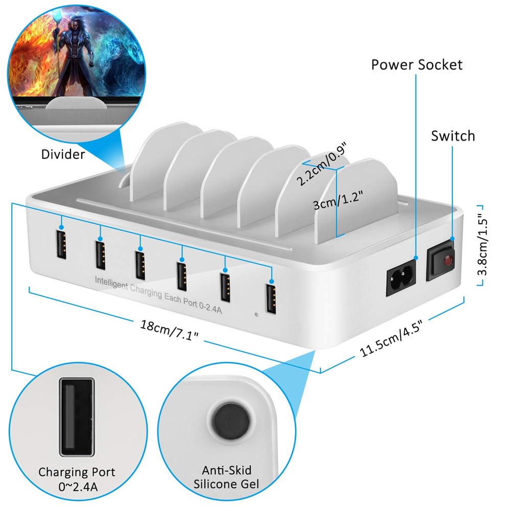 Charging Station for Multiple Devices,50W 6 USB Ports Family Charger Compatible with Apple iPhone iPad and Android Phone and Tablet
