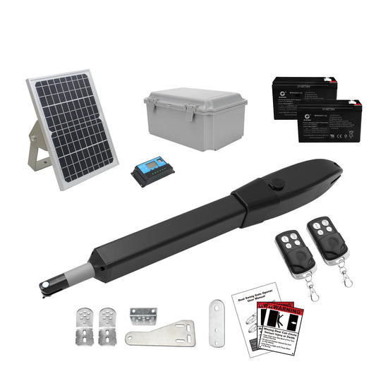 JUJIANG C026 Solar Gate Opener with Batteries & Solar Panel for Single Swing Gates Up to 770lb 16FT Automatic Gate Openers with Remote Complete Kit