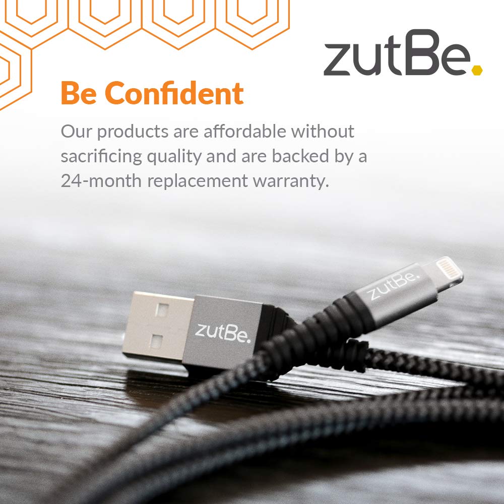 zutBe Shield Silver&Black MFi Certified Lightning Cable, Reinforced Braided Kevlar Charger Compatible with All iPhone 12, SE, 11, X, 8, 7, 6, iPad…