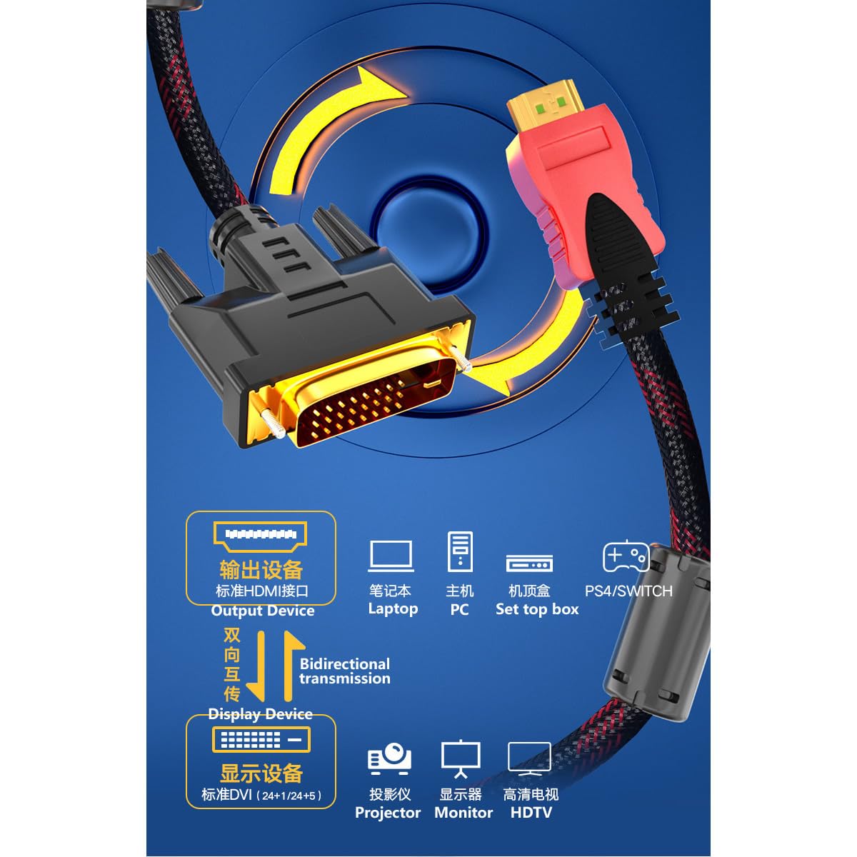 VIVOCH 1.4M HDMI to DVI High-Definition Cable, TV Monitor, Projector Conversion Cable, 4K Bidirectional Interconversion, DVI to HDMI Cable