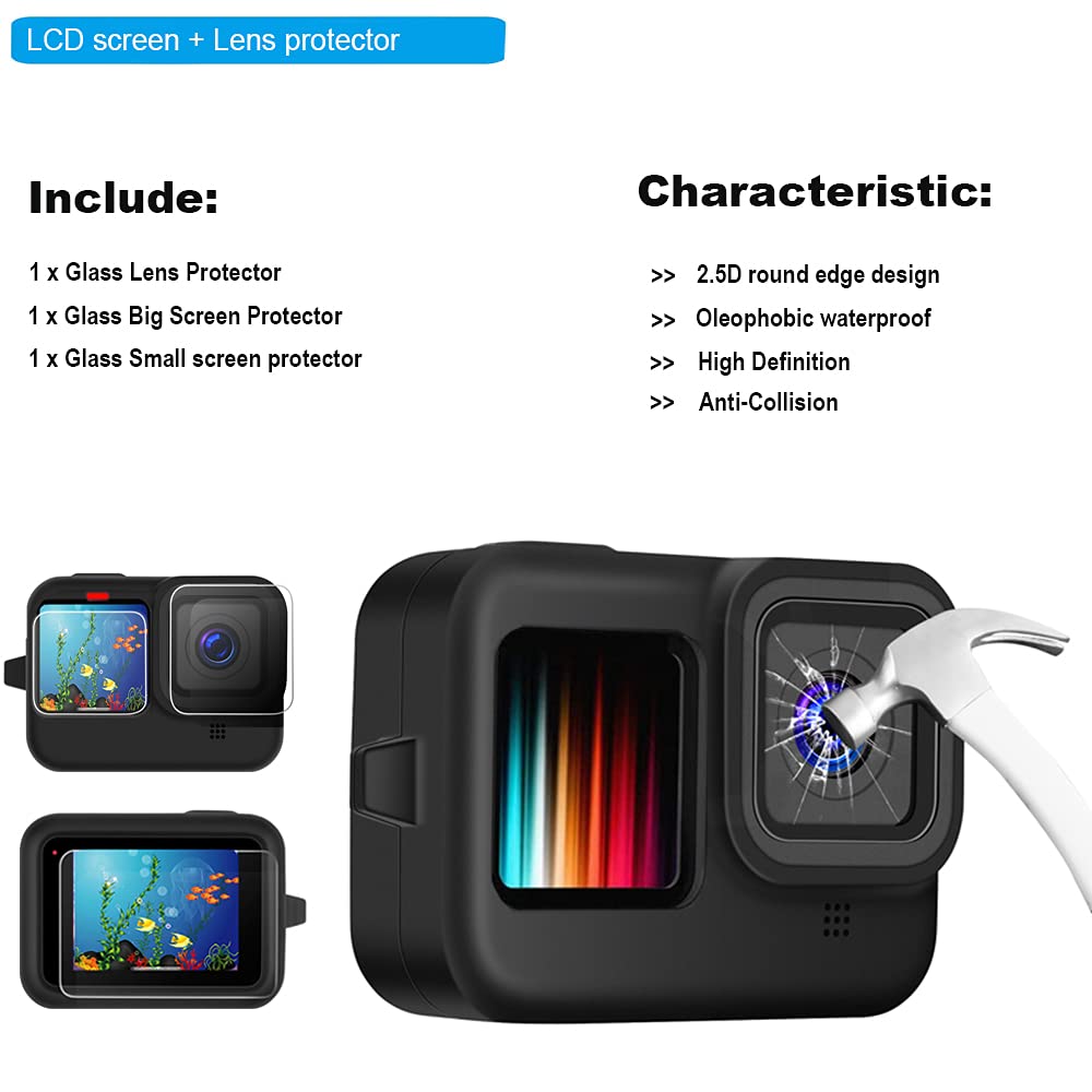 Waterproof Case Housing for GoPro Hero 13 12 11 10 9 Black Tempered Glass Screen Protector Silicone Sleeve Protective Case Accessories Kit Bundle