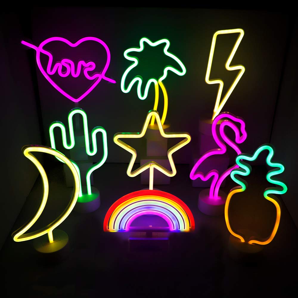 Isaac Jacobs 11.75” x 4.35” LED Neon Yellow Lightning Bolt Tabletop Lamp, White Base, Night Light, for Bedroom Décor & Party; Battery Powered