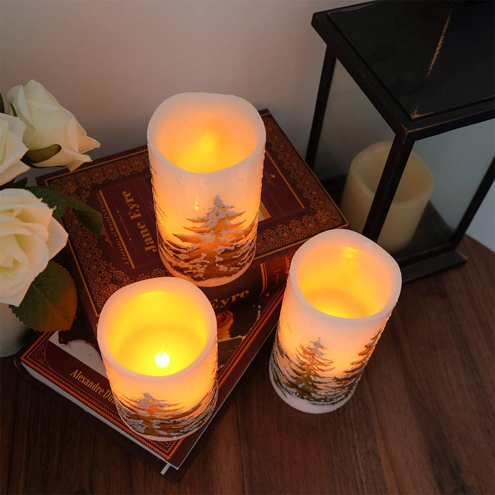 DRomance Christmas Flameless Candles with 6 Hour Timer, 3 Pack Real Wax LED Pillar Candles Warm Light Flickering Holiday Decor(Green Christmas Tree, 3
