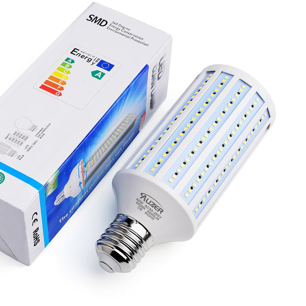 Auzer 60W LED Corn Light Bulb, Large Mogul E39 Base, 6000-Lumen, 6500K Daylight Cool White,LED Corn Bulb for Large Area Garage Factory Warehouse Barn