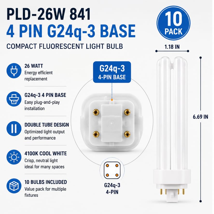 Circle (10 Pack PLD-26W 841, 4 Pin G24q-3, 26 Watt Double Tube, Compact Fluorescent Light Bulb, Replaces Sylvania 20669 CF26DD/E/841. Philips 38337-2