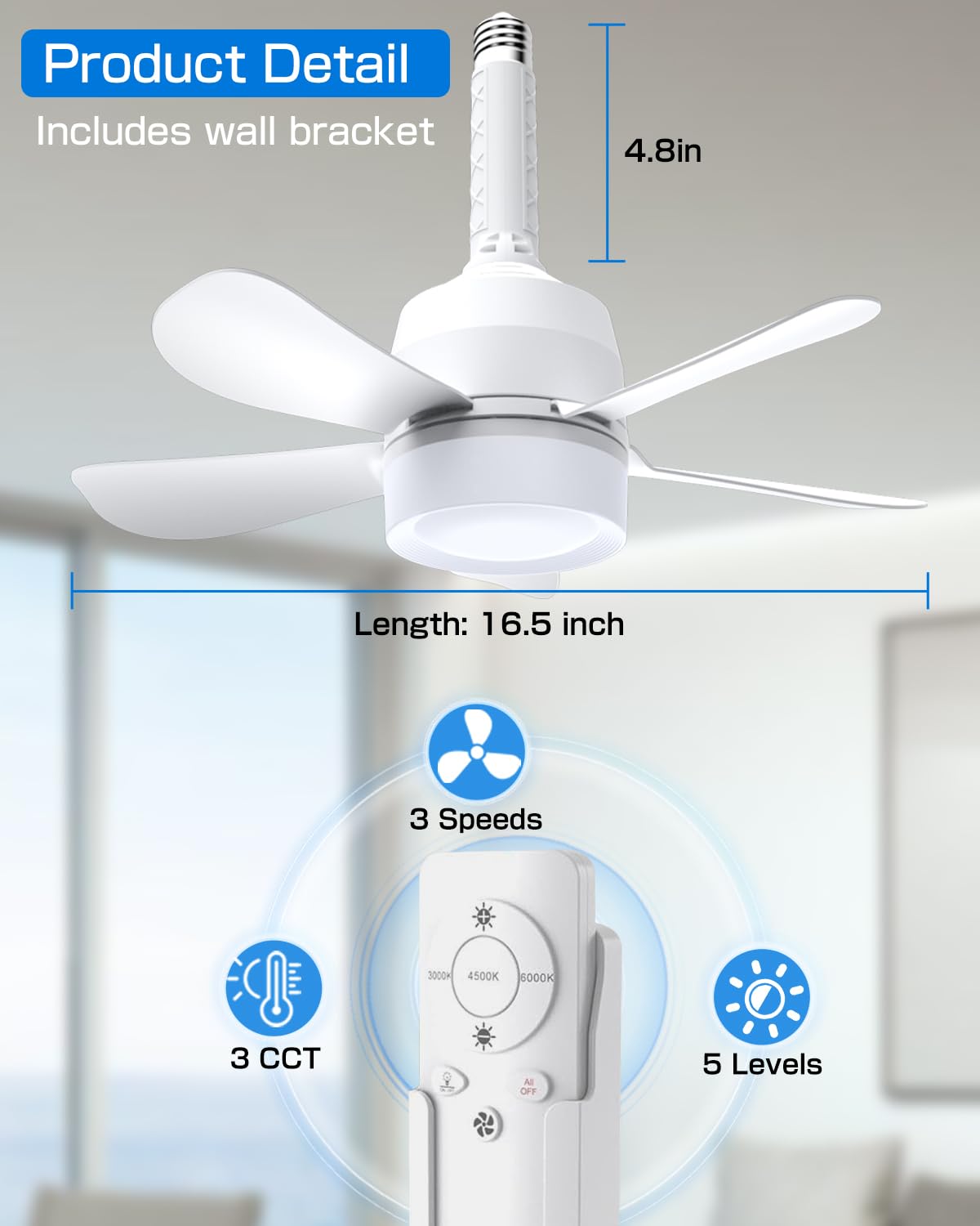 Eonini Socket Fan Light with Remote, 16" Ultra-Quiet 5-Blade Small Ceiling Fan with Light, 1000LM 3-Color Dimmable LED, 3 Speeds & 5 Brightness