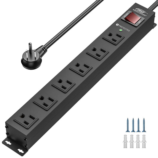 CRST 6 Outlet Heavy Duty Power Strip with Switch, 15A/1875W Metal Mountable Power Strip Surge Protector 2100Joules, Wide Spaced Power Bar for Garage
