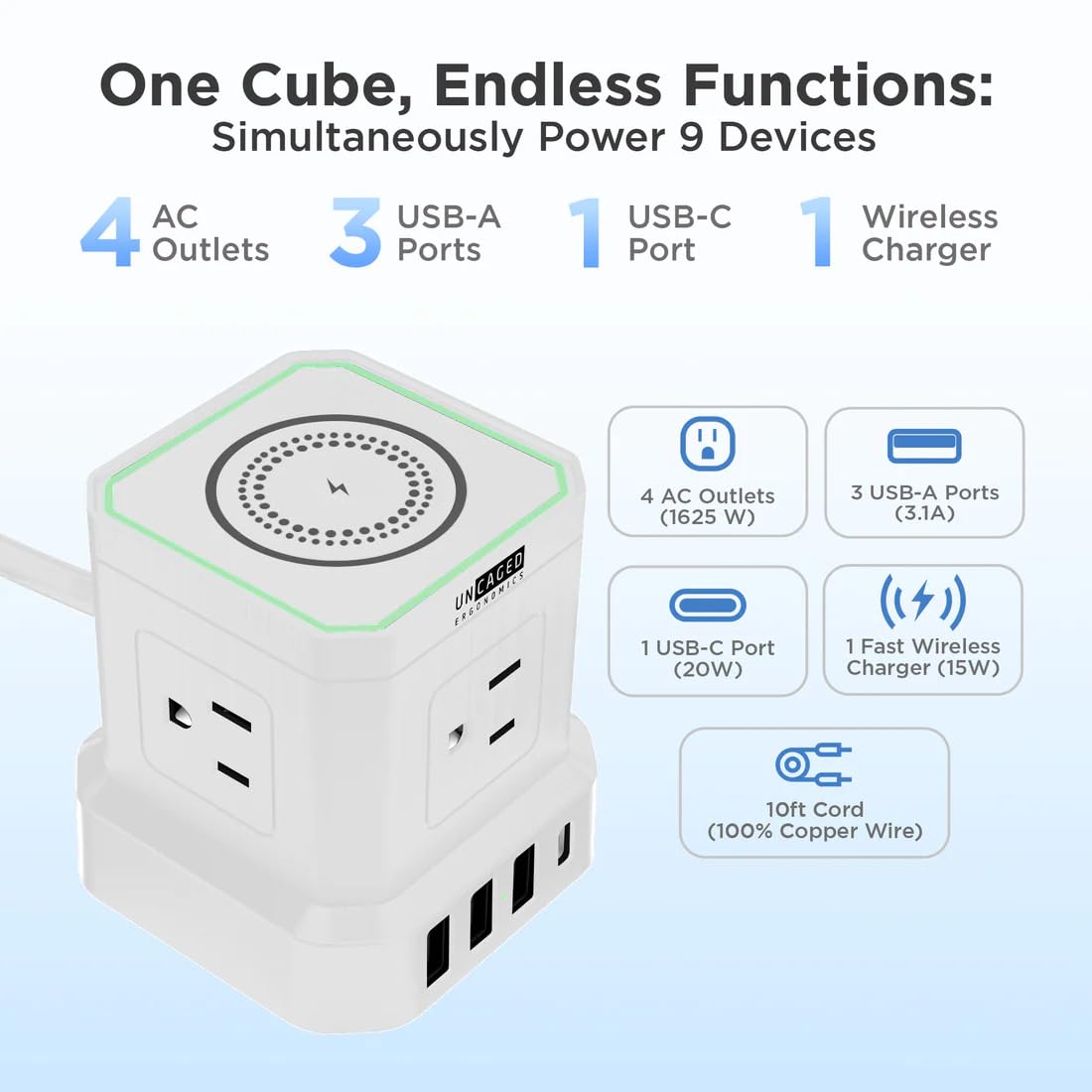 Uncaged Ergonomics Wireless Cube Charger & Power Strip with USB Ports, Surge Protection, 10ft Extension Cord with Wireless Charger, 4 AC Plugs & 3 USB