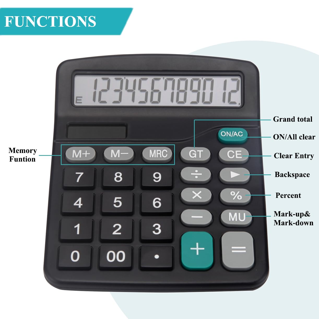 Desk Calculator, Basic Office Calculator with 12 Digits Large Display, Dual Solar Power and Battery, 4 Function Simple Calculation, Big Button
