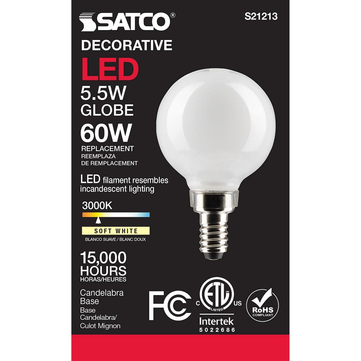 Satco 5.5-Watt LED E12 Light Bulb, 3000K, 15000 Hour Rating, Dimmable