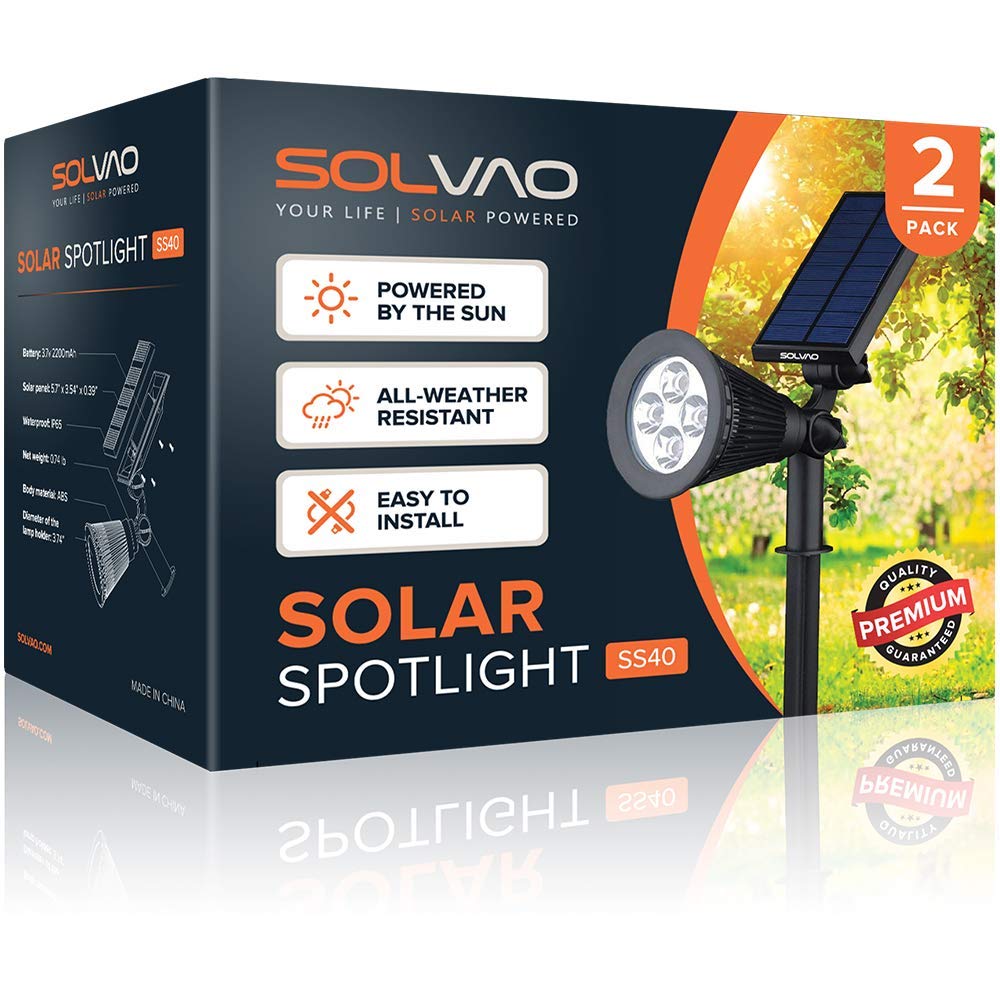 SOLVAO Solar Spot Light | Ultra Bright, All-Weather-Resistant, Waterproof | Auto On/Off Sensor, Adjustable 270° | Rechargeable LED for Outdoor