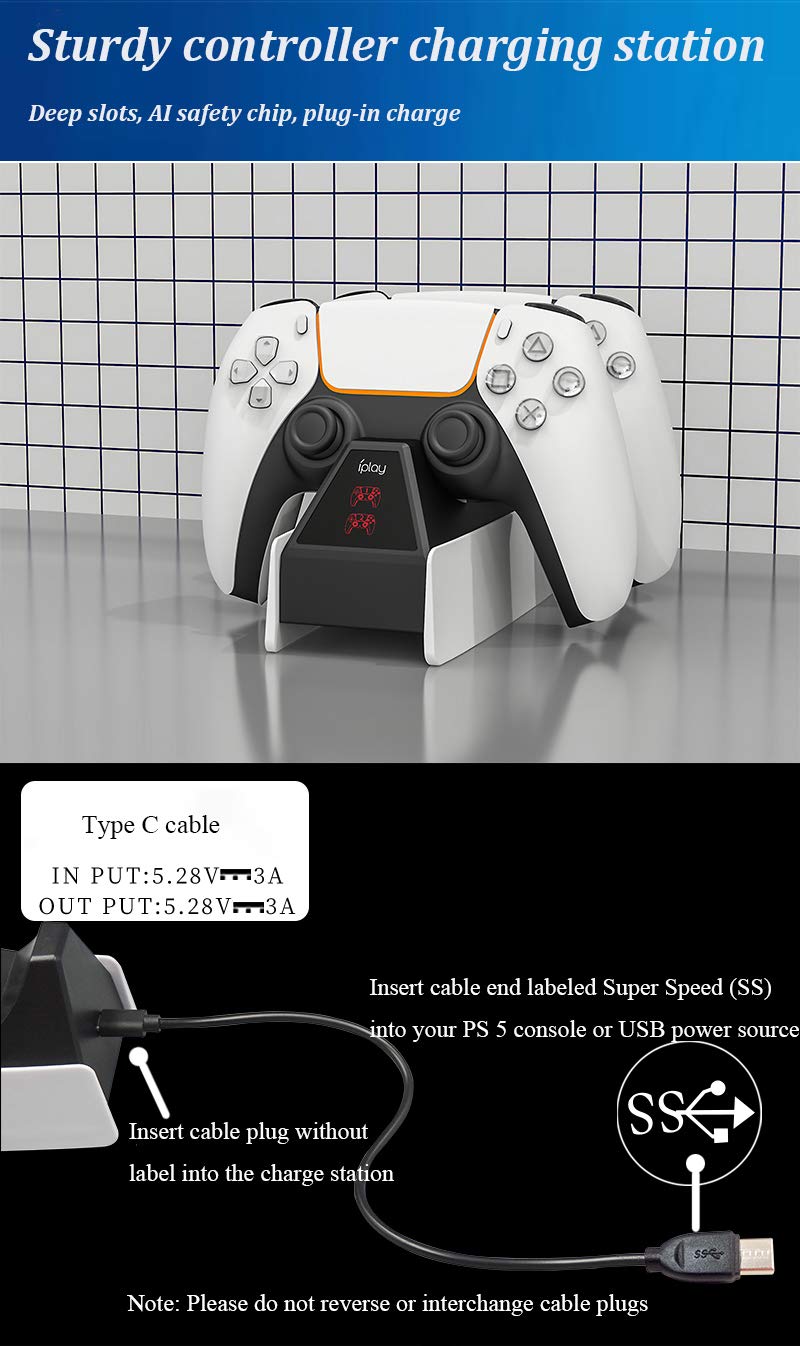 (2hr Full Charge) Top-Notch Fastest Charging PS5 Controller Charging Station Dock with AI, Smart LED Indicators, Safety Chip Protection, Type C USB