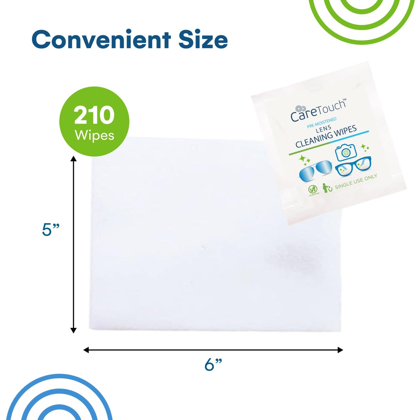 Care Touch Lens Wipes for Eyeglasses- 210 Count Individually Wrapped Pre- Moistened Wipes, 5 x 6 Inch- Camera Lens, Sunglasses and Glasses Cleaner
