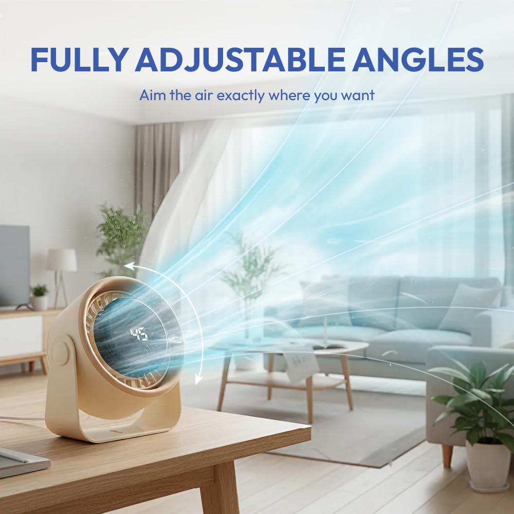 MAVI Small Desk Fan, Rechargeable Quiet Mini Personal Fan with LED Digital Display, Portable Wall-Mount & Cordless Design, 3 Speeds, Long Battery