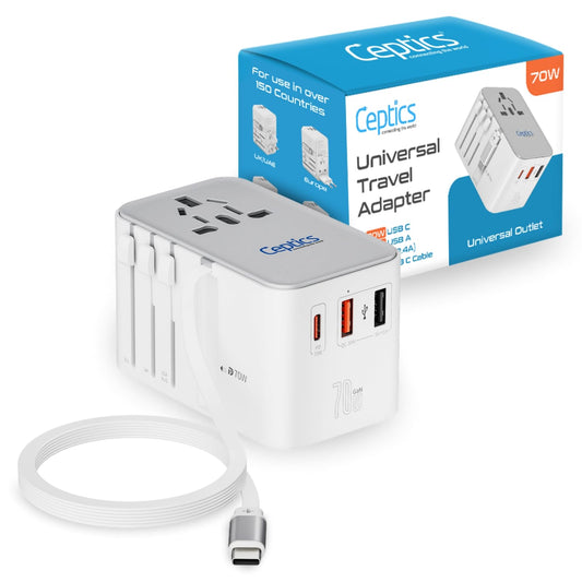 Ceptics GAN 70W Universal Travel Adapter with 65cm Retractable USB-C Cable, 2X USB-A (1x QC 3.0), 1x Type C Port (PD 70W), Universal Power Adapter…