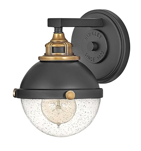 Hinkley Fletcher 5170BK Single Light Vanity Wall Sconce, Vintage Industrial Fixture, Clear Seedy Glass, Bath and Beyond, Black and Heritage Brass