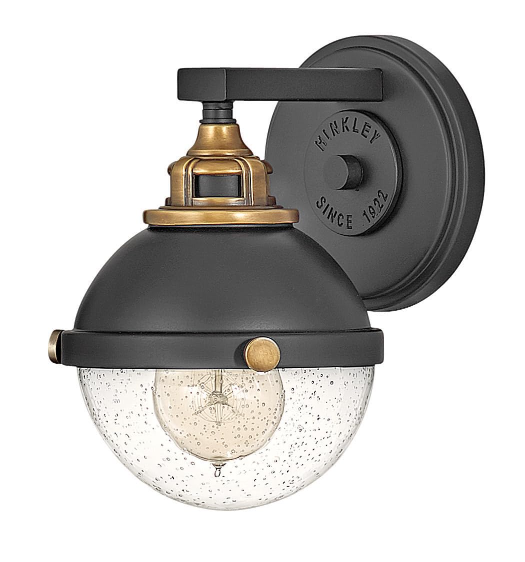 Hinkley Fletcher 5170BK Single Light Vanity Wall Sconce, Vintage Industrial Fixture, Clear Seedy Glass, Bath and Beyond, Black and Heritage Brass