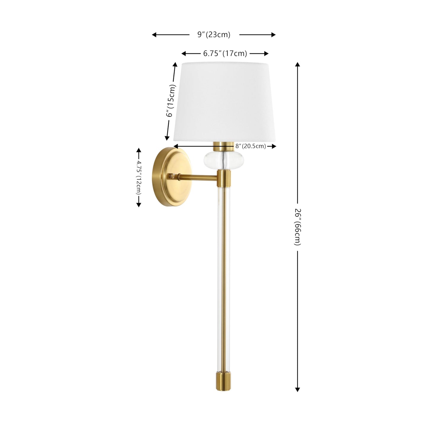 SAFAVIEH Lighting - Athene 26-Inch Wall Sconce Set of 2 - Brass & Clear Acrylic - Modern Tall Single-Arm Design - Ideal for Hallway, Bedroom, Bathroom