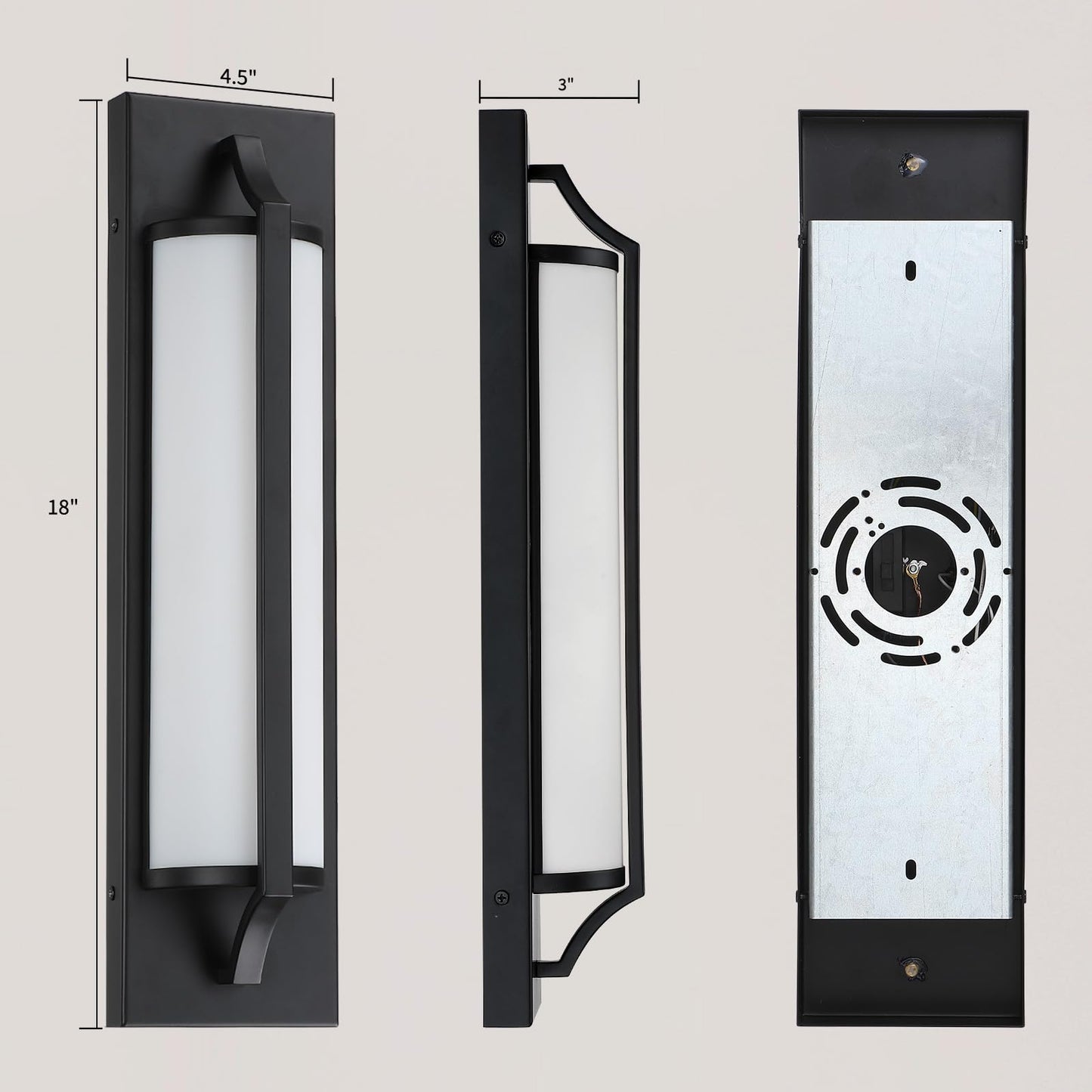senroyal 18 Inch Modern Outdoor Wall Lights, Dimmable LED Black Exterior Wall Sconce Lighting Fixtures with Milk Glass, Rectangular Outdoor Lights