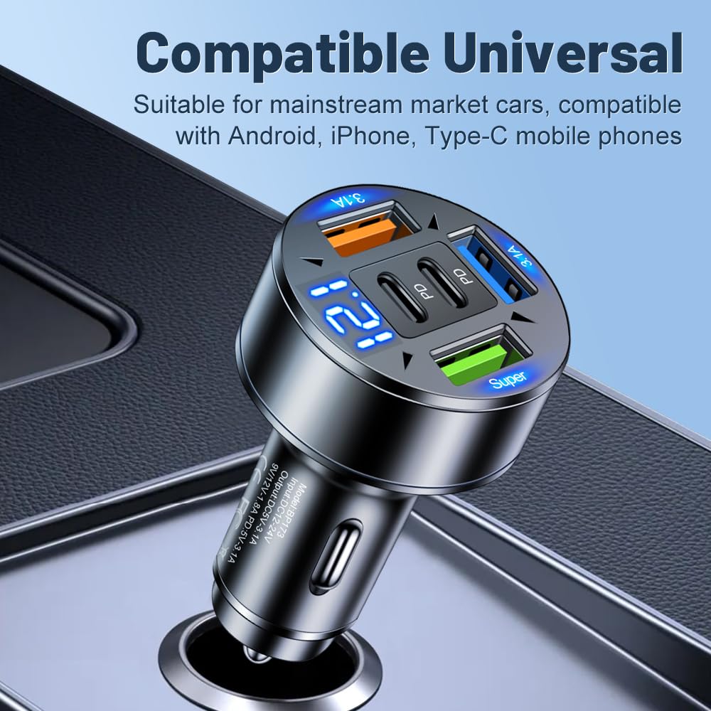 5 in 1 Multi Port USB C Car Phone Charger Adapter with Voltage, 100W Super Fast Charging Car Cigarette Lighter USB Charger for iPhone 16 15 14 13 12