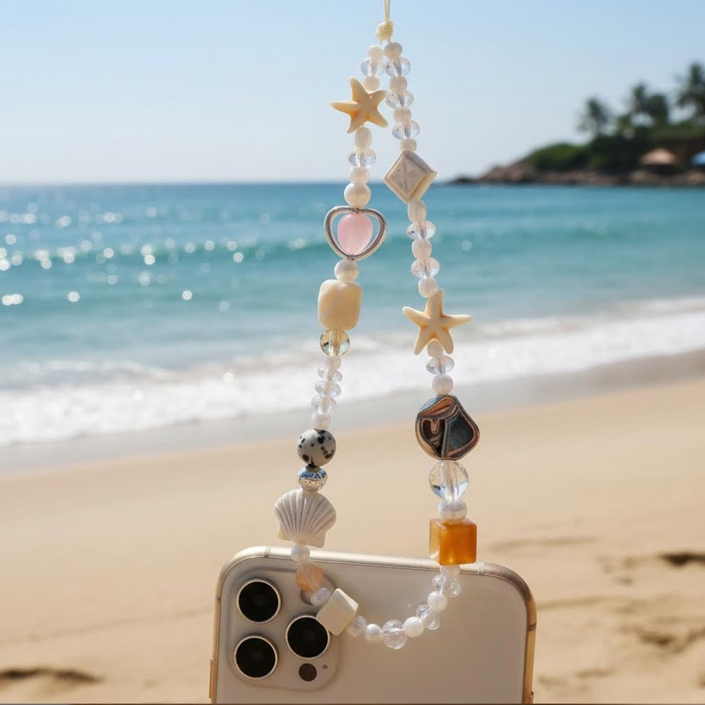 Hujnagh 2 Pcs Phone Charm Strap, Beach Style Beaded Lanyard for Phone Camera Wrist Strap, Starfish Heart and Shell Starfish Design, Cute Wrist Charm