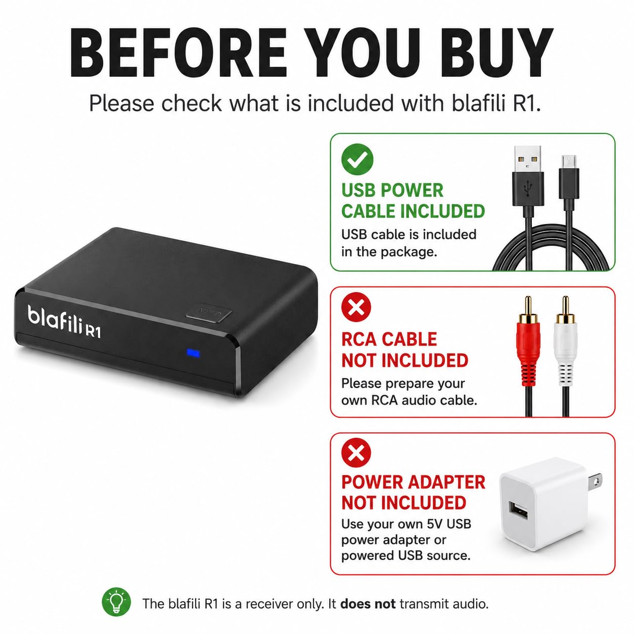 blafili R1 Bluetooth Receiver for Home Stereo, No Beeps Bluetooth Music Receiver with RCA Line Out & USB Audio Input, Wireless Audio Adapter