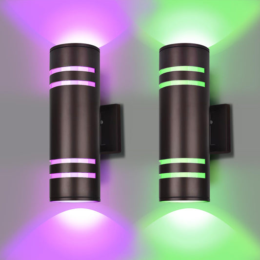 rosykite Smart Outdoor Wall Lights Color Changing 2 Pack, RGB+2700K-6500K Modern Exterior Lighting Fixtures Cylinder Outside Wall Sconce with Glass