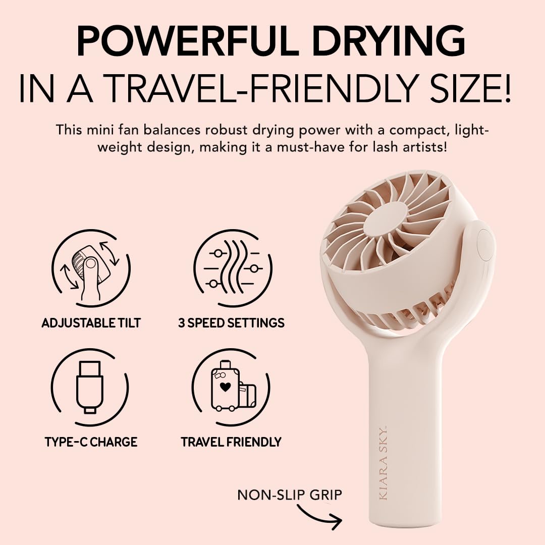 KIARA SKY Lash Fan | Portable Rechargeable Wireless Mini Handheld Lash Fan | 3 Speed Settings | Dryer for Eyelash Extensions | Air Cooling Blower