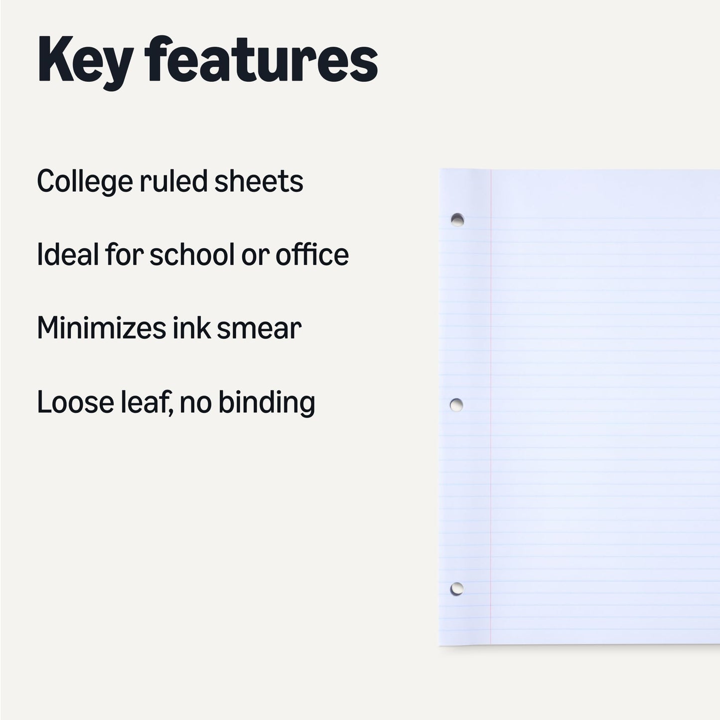 Amazon Basics Loose Leaf Paper, College Ruled Reinforced, 150 Sheets, 11" x 8.5", White, No Binding