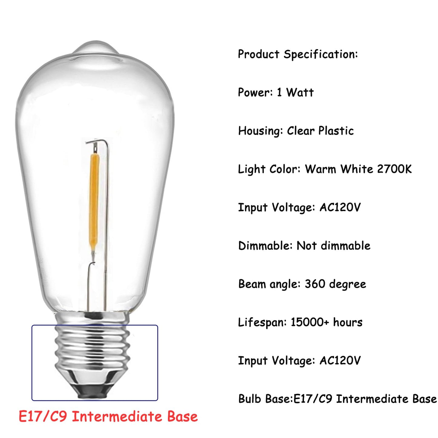 E17 LED Bulb ST40 Vintage Filament Bulb 1W Shatterproof LED Replacement Bulb Waterproof Clear Plastic E17/C9 Intermediate Base Warm White Edison Light