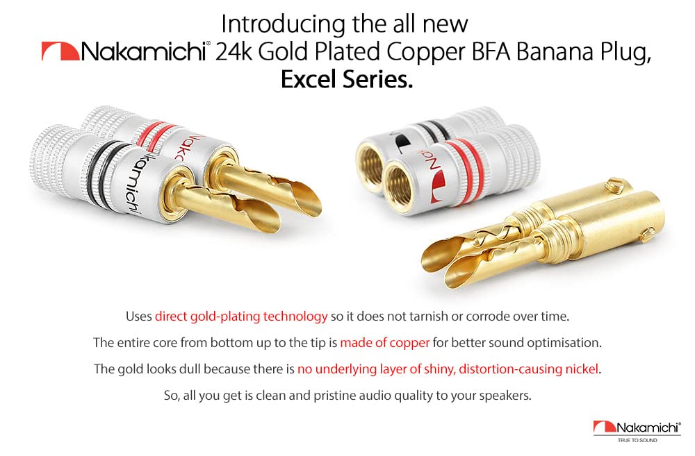 Nakamichi Excel Series 24k Gold Plated BFA Banana Plug 12-18 AWG Gauge Size 4mm for Speakers Amplifier Hi-Fi AV Stereo Home Theatre Audio Wire Cable