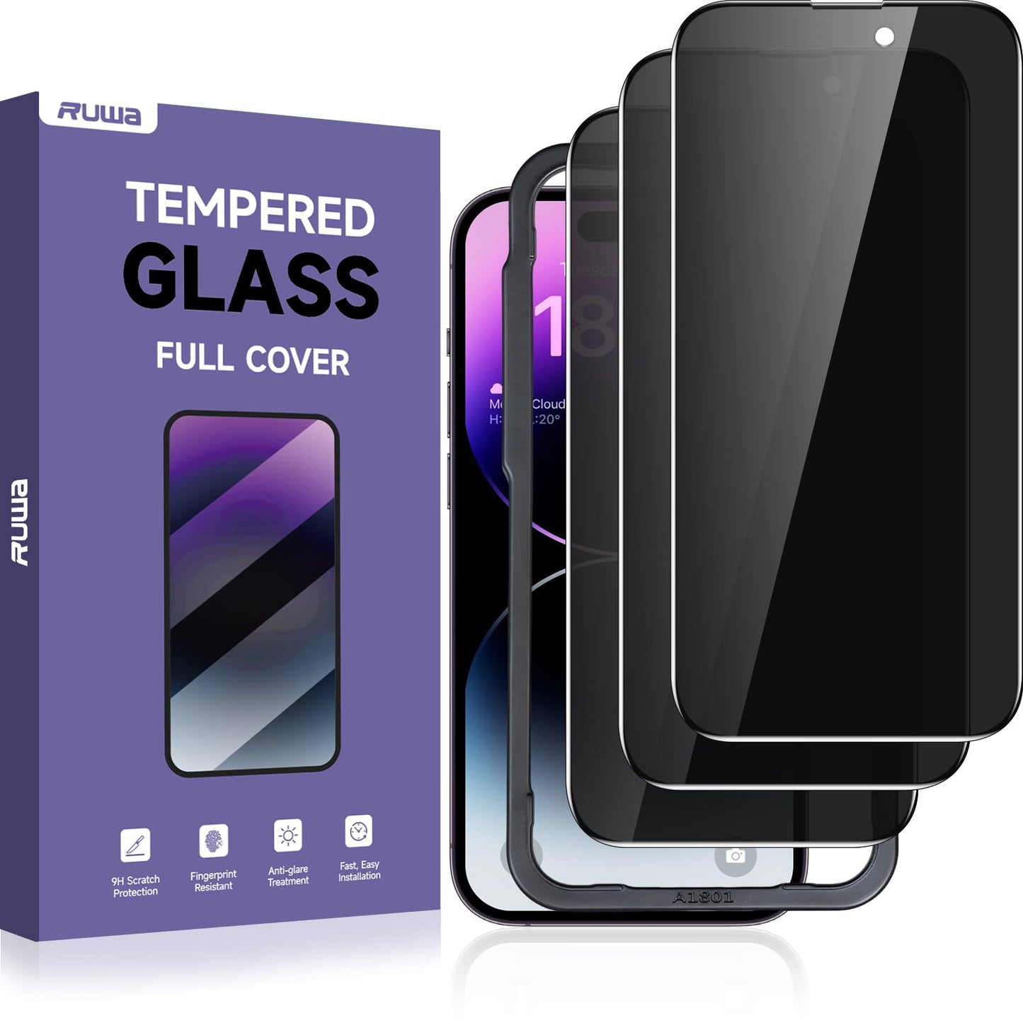 Ruwa Privacy Screen Protector for iPhone 14 Pro Max [3-Pack] [6.7 Inch] Display Tempered Glass Film with Easy Installation Alignment Frame, 9H
