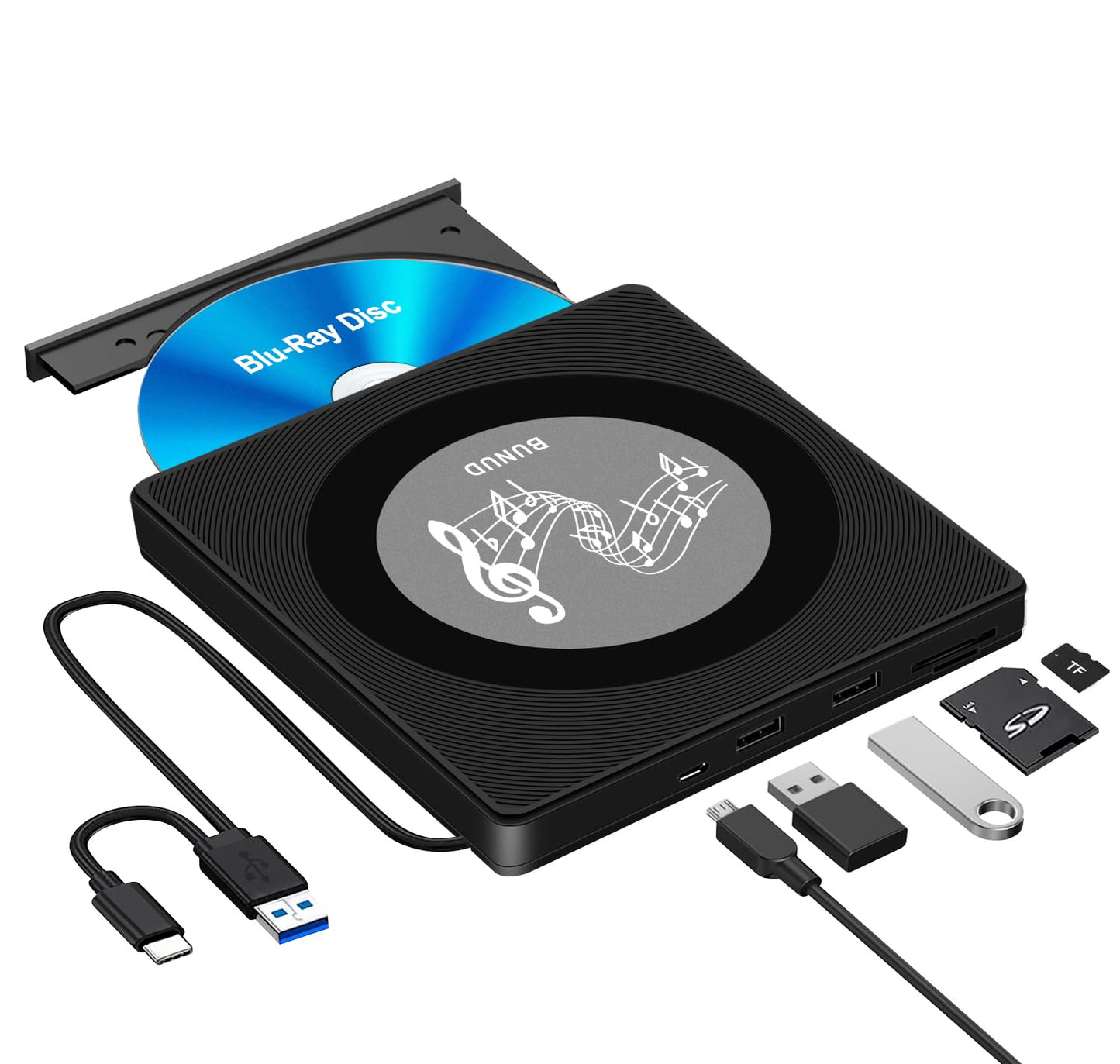 External Blu Ray CD DVD Drive, USB Blu Ray Drive External Bluray Burner Read/Write BD Player with 2 USB and TF/SD Slots, Optical Blue Ray CD DVD