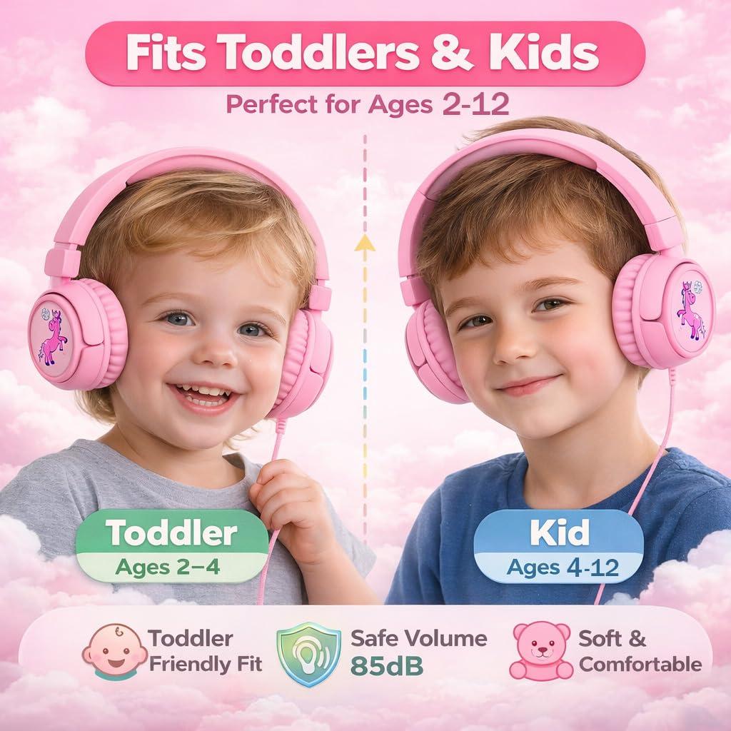 IYGR K6 Kids Headphones for Toddler & Kids Ages 2-12, 85/94dB Safe Volume Limited, Wired with 3.5mm Jack, HD Microphone, Adjustable & Foldable, On-Ear