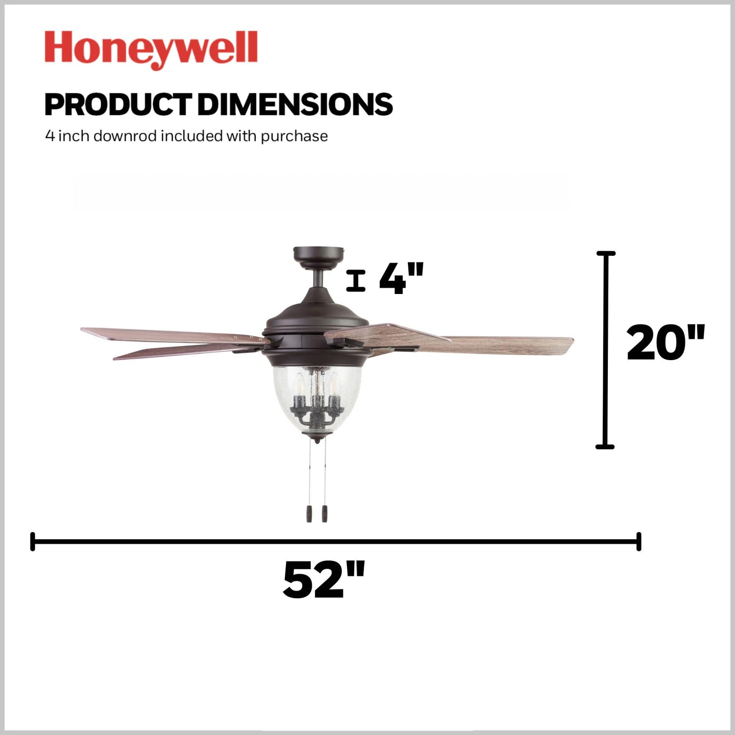 Honeywell Ceiling Fans Glencrest, 52 Inch Indoor Outdoor LED Ceiling Fan with Light, Pull Chain, Dual Mounting Options, ETL Damp Rated, Dual Finish