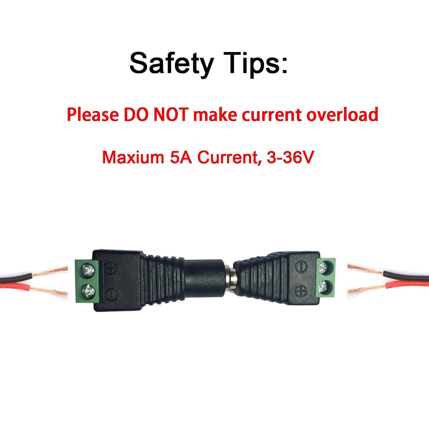 (Real 18AWG 43x2pcs Copper Strands) 10 Pairs DC Power Pigtail Cables Wire 12V 5A Male & Female + 10 Pairs DC Power Jack Plug Adapter Connectors