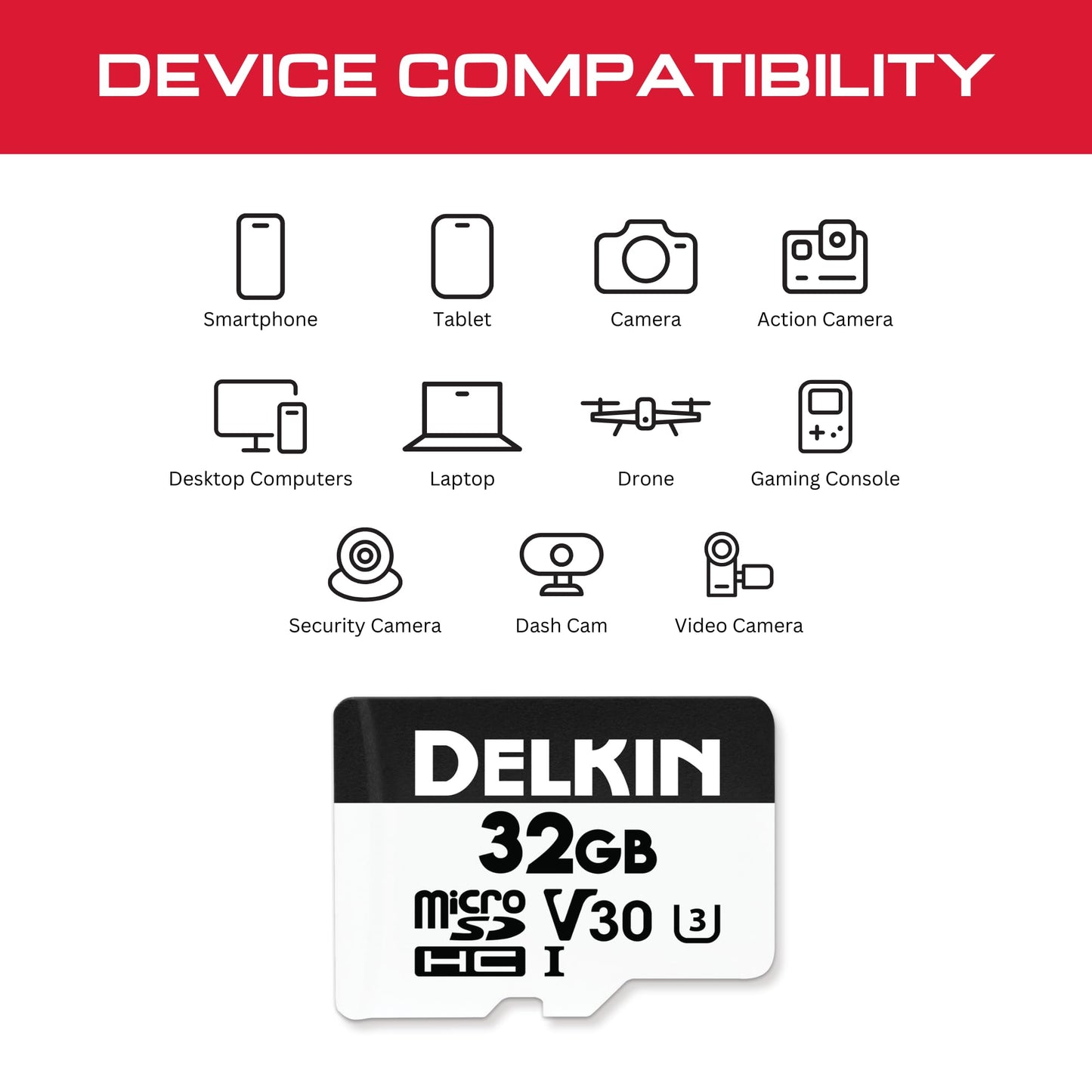 Delkin Devices Hyperspeed 32GB Micro SD Card with Adapter - 100MB/s Read, UHS-I (U3, V30), 4K & Full HD for Smartphones, Tablets, GoPro, and Dash Cam